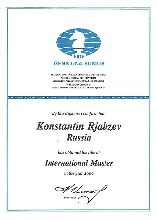 FIDE-Urkunde: Konstantin Rjabzew, Internationaler Meister